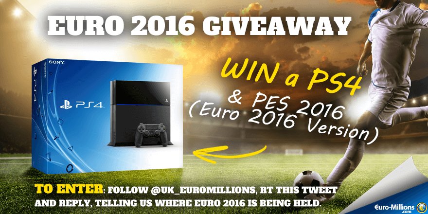UK_EuroMillions's tweet photo. RT &amp; FOLLOW + Tell us where #Euro2016 is being held for the chance to #win a PS4 and PES 2016 (Euro 2016 Version)! https://t.co/eYShqh4tv1