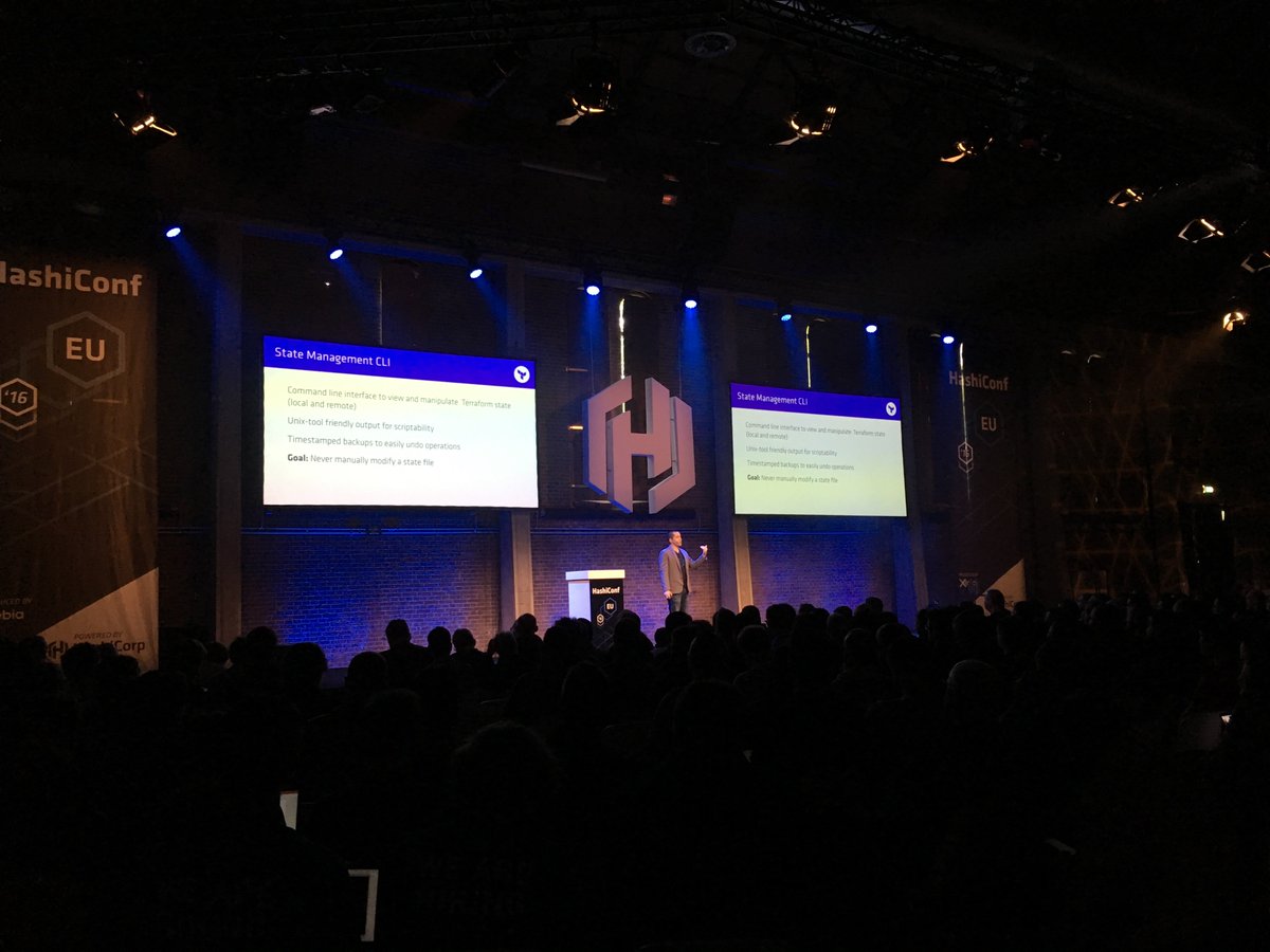 HashiConf's tweet photo. Announcing the Terraform State Management CLI at #hashconfeu. Never manually modify a state file again! https://t.co/FrfnF3lMD1