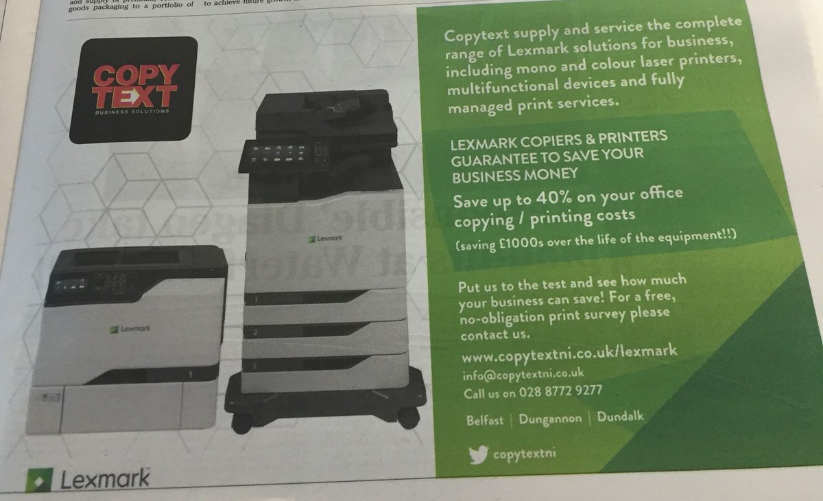 CopytextNi's tweet image. Check out our advert in todays @irishnewsbiz. Save up to 40% on your office printing / copying costs! Get in touch!