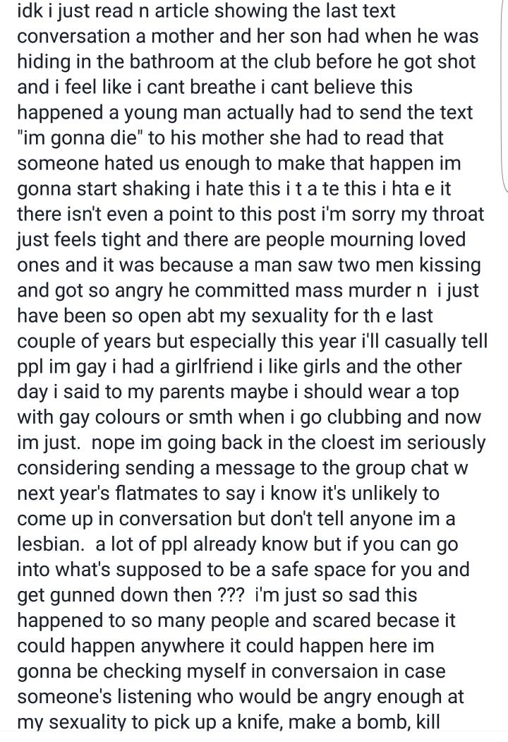 SkullyCharms's tweet photo. Tears are running down my face. My close friend is planning to go back in the closet. #prayfororlando #lgbtqi https://t.co/wF0VefEJLx