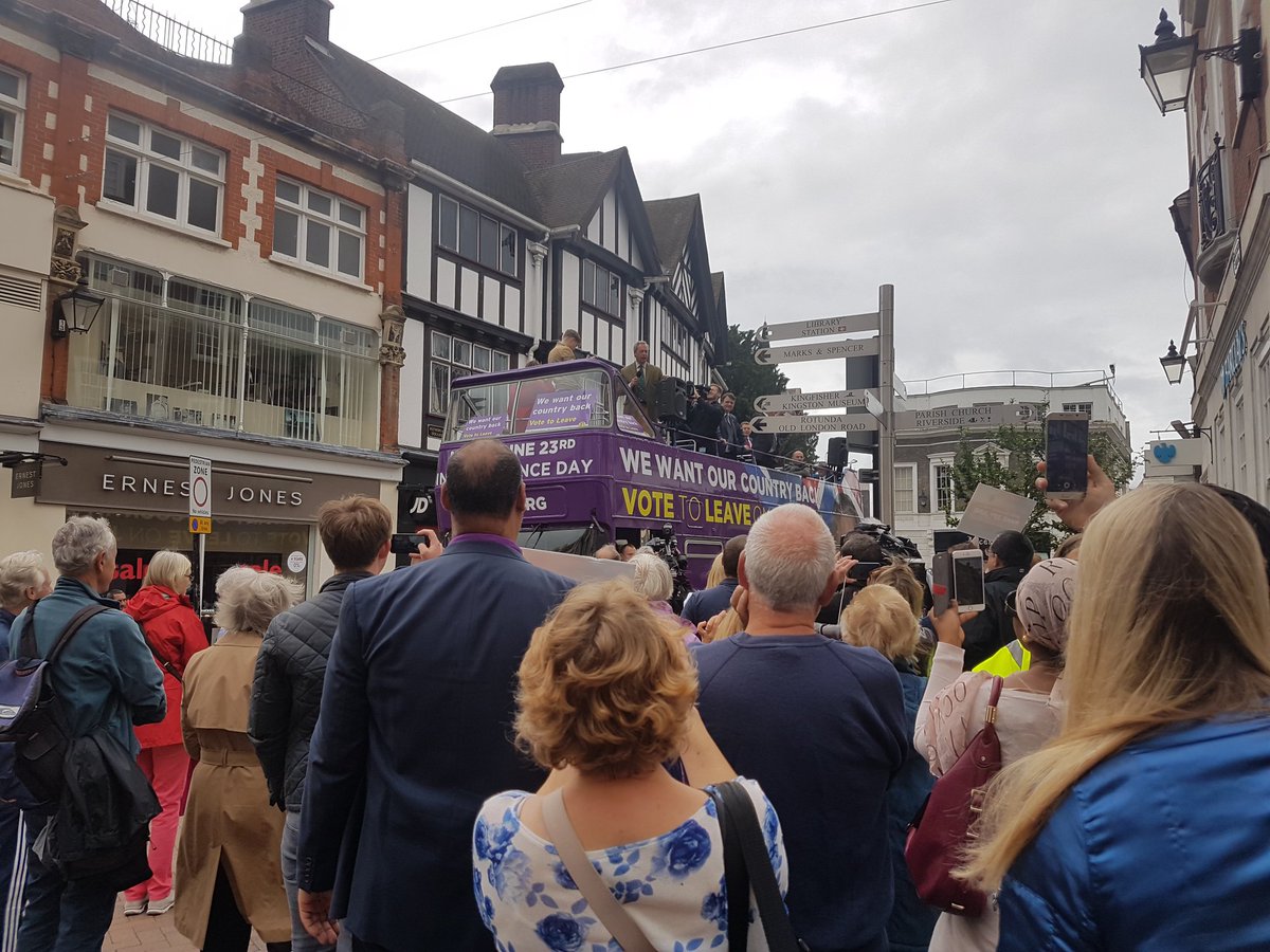 UKIP's tweet photo. UKIP Leader @Nigel_Farage arriving in Kingston on the #BrexitBusTour https://t.co/kceey6Bv2p