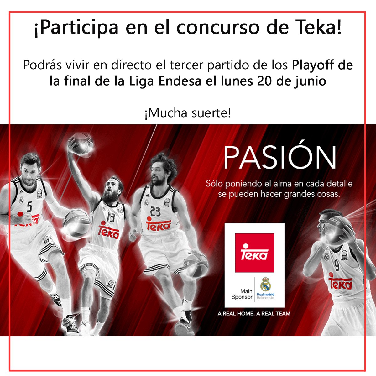 teka_ESP's tweet photo. ¡Concurso para ver los #Playoff el 20 de junio! .@RMBaloncesto vs .@FCBbasket https://t.co/r1weZSJieX #tekatalisman https://t.co/bFHwUVMNMi