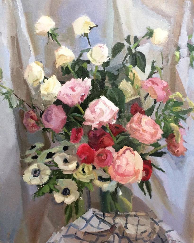 Photograph of finished <a href="/bloomsbythebox/">Blooms By The Box</a> painting sans wet glare. Cloudy mornings are the best! 
#oilpainting  #flowe…