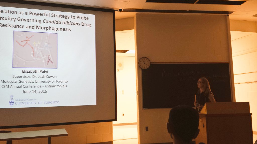 My amazing benchmate is up next!! <a href="/elizabethpolvi/">Elizabeth (she/her)</a> talking about metal chelation and fungal resistance #CanMicro2016