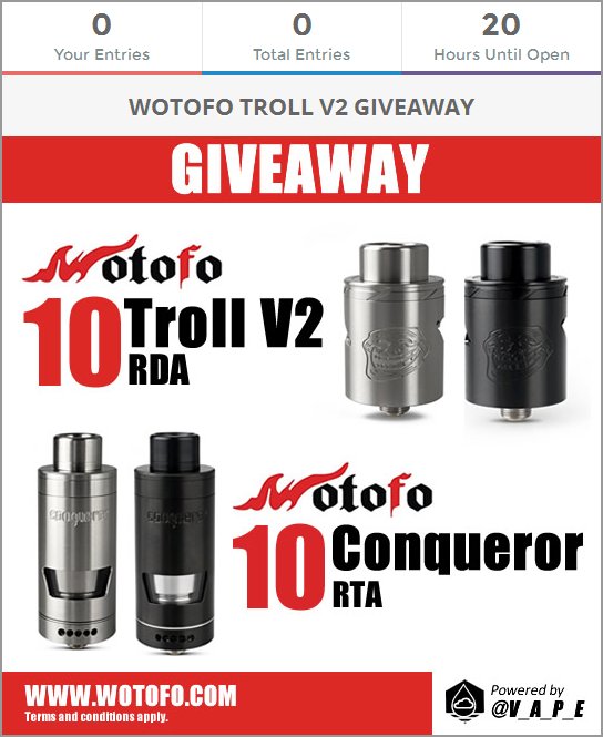 v_a_p_e's tweet photo. The countdown has begun! The Wotofo #TrollV2 giveaway starts in a few hours time. #VapeLife #VapeOn #StayCloudy https://t.co/ZfwNdnDLEa