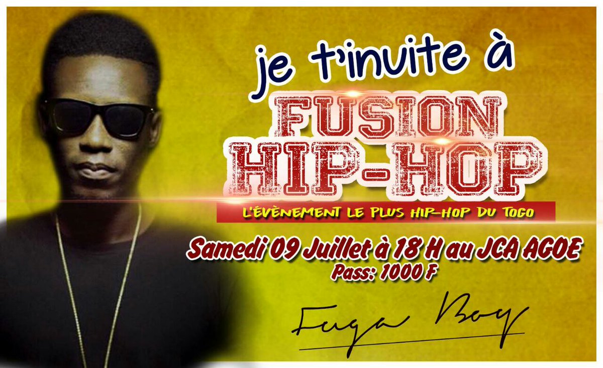 parnouspournous's tweet photo. #ParNousPourNous
Retrouvez #FUGABOY ce Samedi 09 Juillet à partir de 18h sur la scène #FusionHipHop au JCA-AGOE. https://t.co/smdOhCGKl0