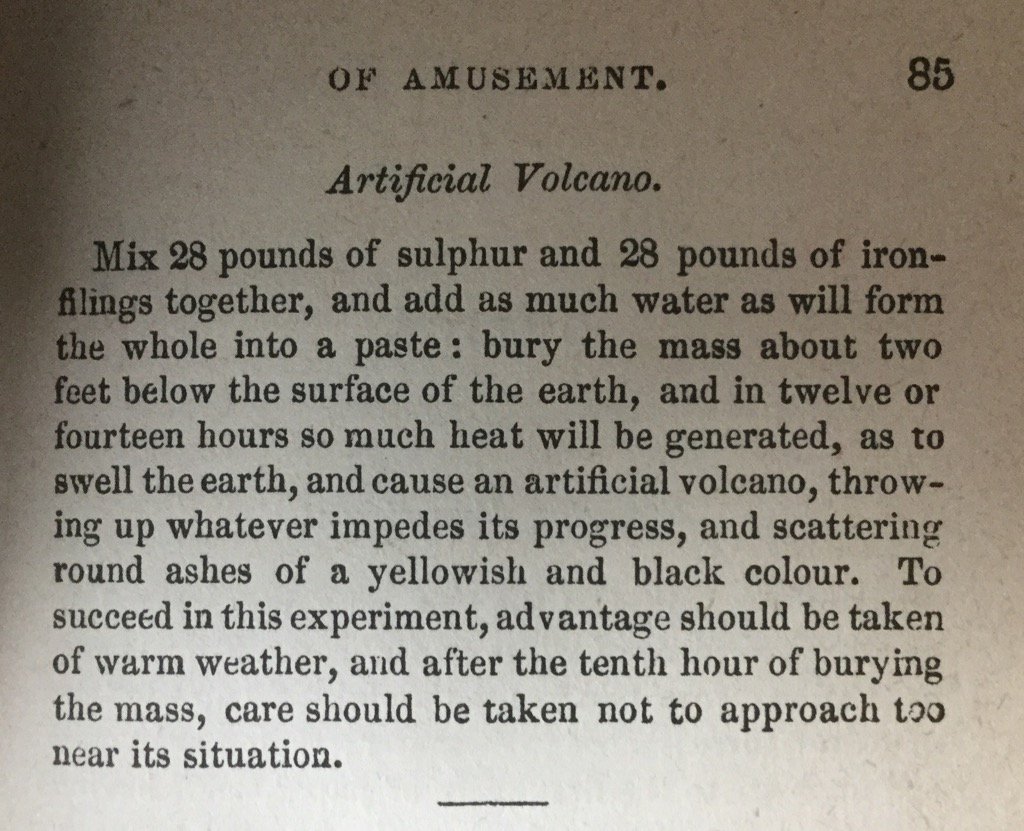 Victorian entertainment with a DIY volcano - '28 lbs of sulphur and 28 lbs of iron filings..'