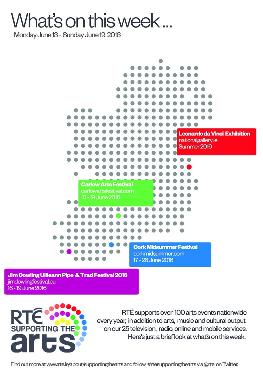 RTĂ (@rte) on Twitter photo What's on this week? <a href="/CarlowArts/">Carlow Arts Festival</a> <a href="/CorkMidsummer/">Cork Midsummer Festival</a> <a href="/JimDowlingTrad/">JimDowlingFestival</a> <a href="/NGIreland/">National Gallery of Ireland</a> #RTESupportingtheArts What's on this week? <a href="/CarlowArts/">Carlow Arts Festival</a> <a href="/CorkMidsummer/">Cork Midsummer Festival</a> <a href="/JimDowlingTrad/">JimDowlingFestival</a> <a href="/NGIreland/">National Gallery of Ireland</a> #RTESupportingtheArts