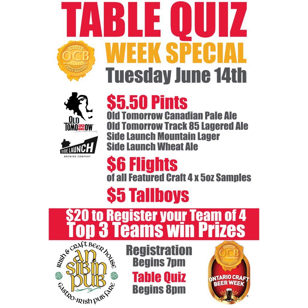 TomorrowBrewCo's tweet photo. Pub Quiz is going down tonight at 7pm @AnSibinPub AND pints of #Track85 &amp; #CPA are only $5.50! #OCBWeek2016 https://t.co/vNCvcCmRYy
