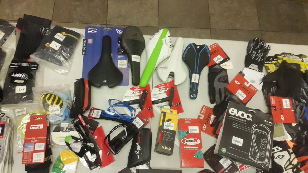 SPECIALS: saddles, gloves, bottle cages, helmets, baggies, shirts, bibs, socks, tubes.