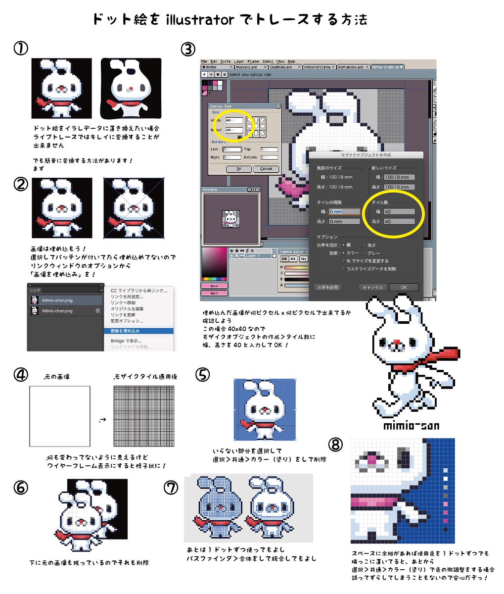 澤田圭 ｷｬﾗｸﾀｰﾃﾞｻﾞｲﾅｰ Twitterissa ビットマップデータで描いたドット絵をイラレでトレース ベクターデータとして編集可能に する簡単な方法を書いたよ Dot絵 ドット絵