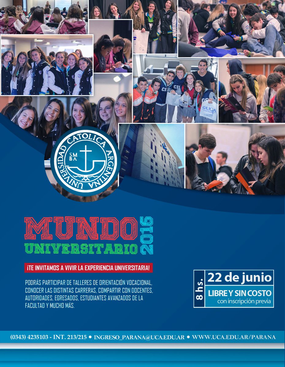 ucaparana's tweet photo. Mundo Universitario 2016!
Te esperamos para vivir la experiencia universitaria en la Facultad!
22|06|16
Inscribite! https://t.co/7NktSMKRLx