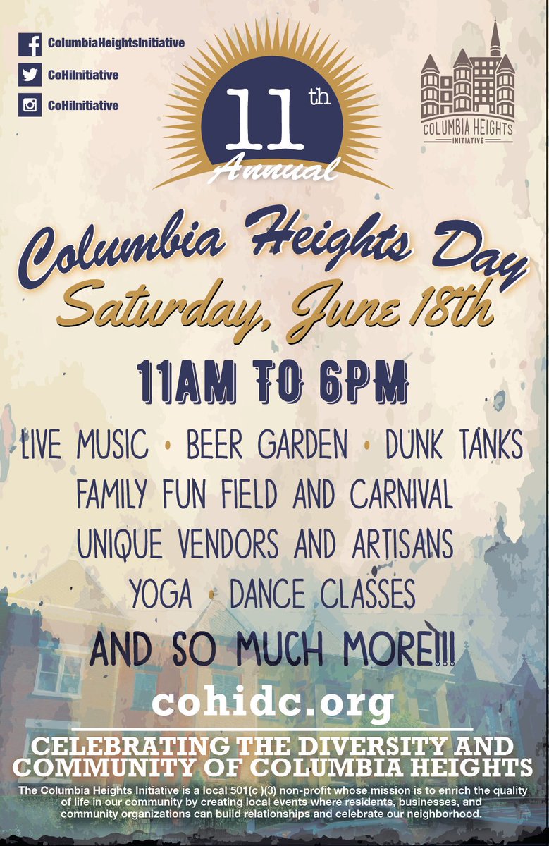 adammcginnis's tweet photo. Columbia Heights Day is this Saturday, always a fun time via @cohiinitiative #CoHiDay2016 #DC https://t.co/hk9qswQliM
