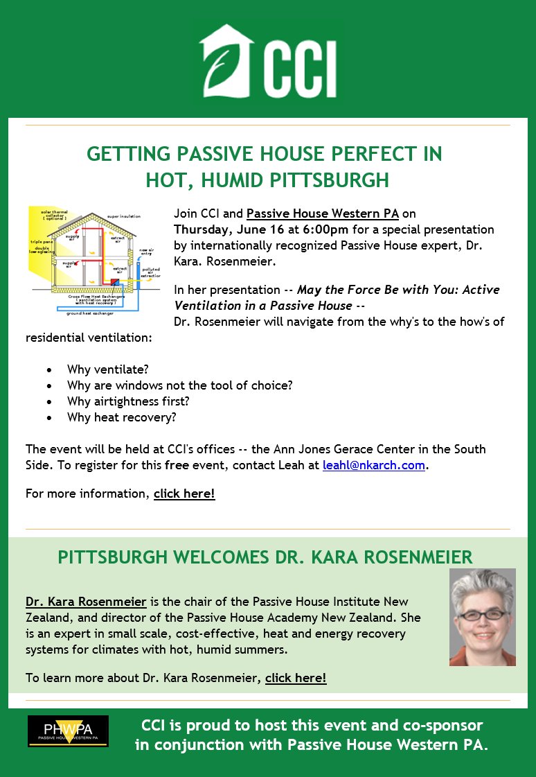 PassiveHouseWPA's tweet photo. Join CCI and PHWPA on June 16 at 6:00pm for a special presentation by Passive House expert, Dr. Kara. Rosenmeier. https://t.co/HiIi1vriAe