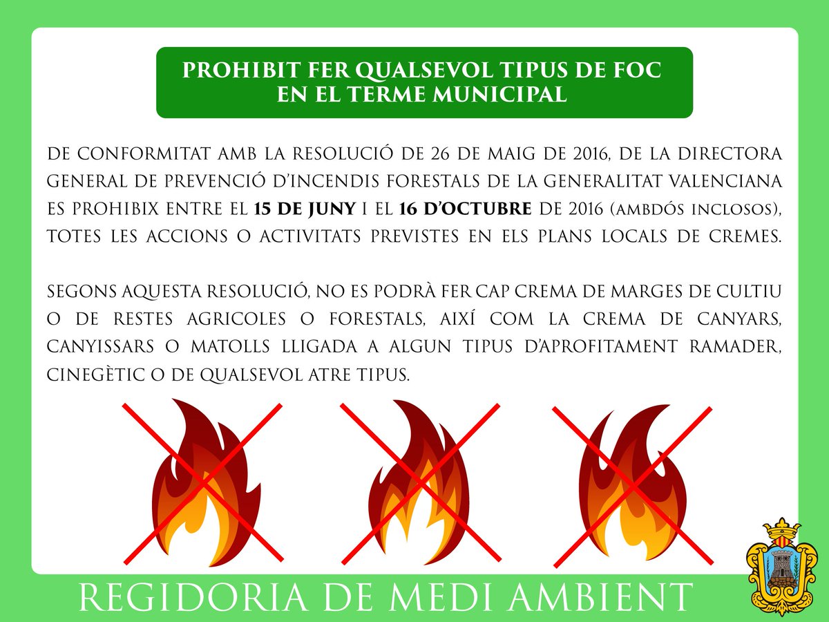 ACocentaina's tweet photo. Del 15 de juny al 16 d'octubre (ambdós inclosos) queda prohibit fer foc en el terme municipal. #Cocentaina https://t.co/gHbyb0q6T5