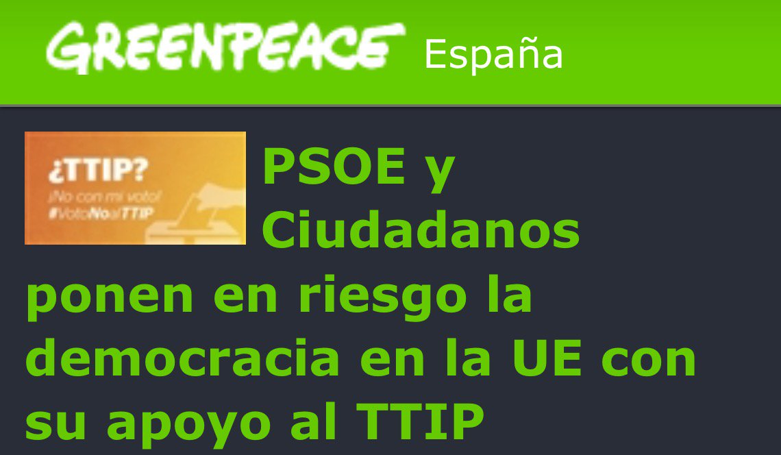 democraciareal's tweet photo. Greenpeace: PP PSOE y C's ponen en riesgo la democracia en la UE con su apoyo al #TTIP https://t.co/ZpTOjVwXHk #26J https://t.co/DfEfp9s941