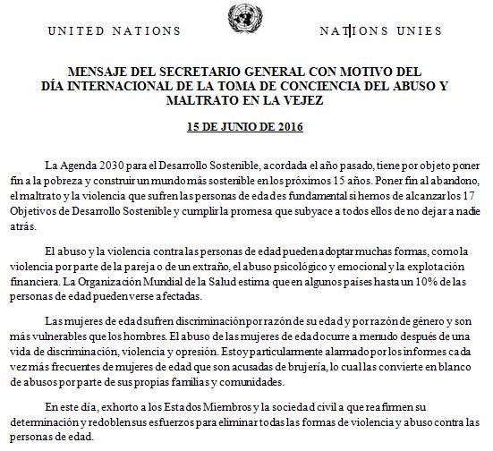 Mensaje Sec. General ONU, Día Mundial Toma de Conciencia Abuso y Maltrato en la Vejez. 
<a href="/ONUArgentina/">ONU Argentina</a>