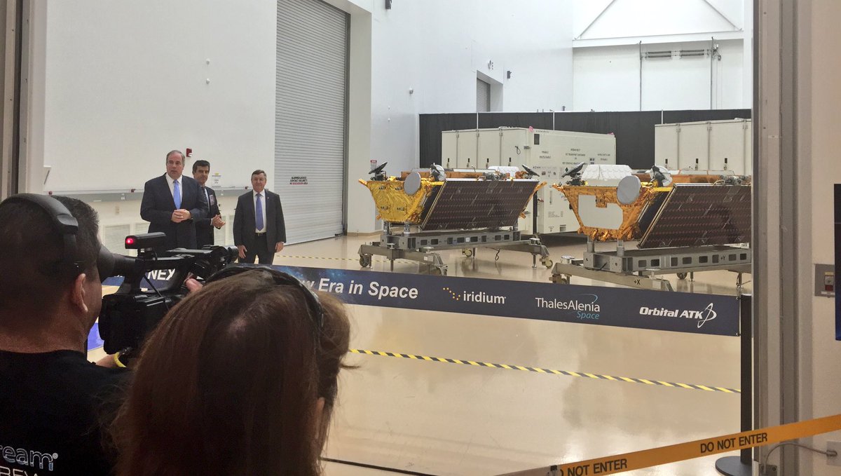 Gilbert_Manager's tweet photo. The first two completed Iridum Next satellites manufactured in Gilbert, AZ by @OrbitalATK https://t.co/qn0ldZcbgz