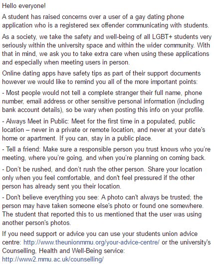 An important safety message from MMU's LGBT Society: