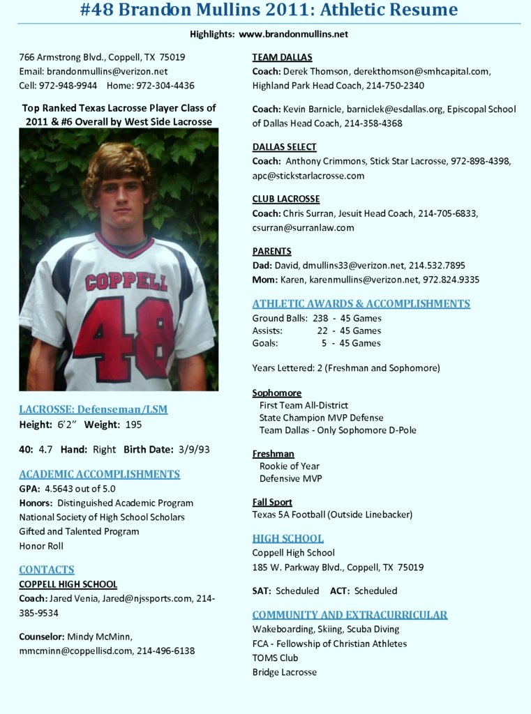 High school sports resume