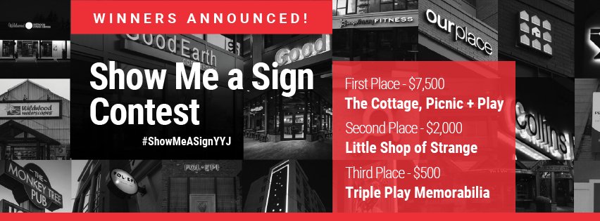 UrbanSignInc's tweet photo. Congratulations to our 3 #ShowMeASignYYJ winners: The Cottage, Little Shop of Strange and Triple Play Memorabilia! https://t.co/hiSpf8IgC8