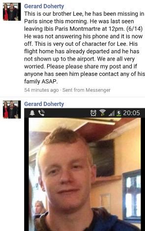 barryomahony_9's tweet photo. Gerard Doherty's brother Lee is missing in Paris. RT to spread the word. https://t.co/SbwOyvpOfs