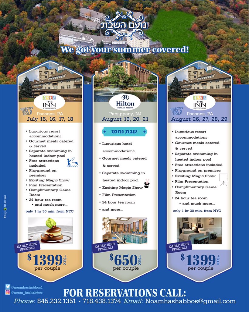 NoamHashabbos1's tweet photo. 🎉We are so excited to announce our 3 GRAND SUMMER VACATIONS of 2016!
Choose from 3 weekend retreats or join all 😉 https://t.co/yz7OxLIIkm