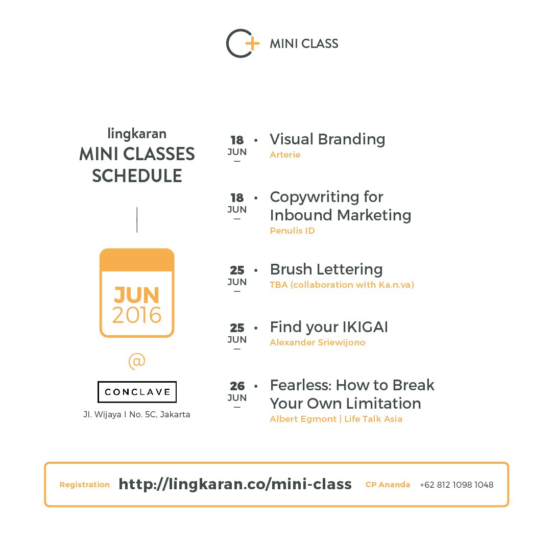 lingkarandotco's tweet photo. #lingkaran June Mini Class schedule is already up. Mark your calendar!
https://t.co/FOhV5C3yzG
#circleofideas https://t.co/Q6w8K3U4nY