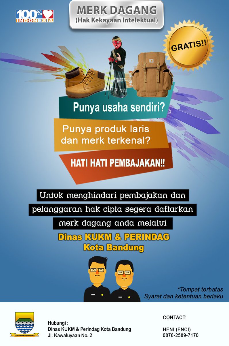 infobdg's tweet photo. Punya usaha sendiri? Ayo daftarkan merk dagangmu ke @infokoperindag! GRATIS, info Heny 087825897170  #HKI https://t.co/dLBSDVQLJX