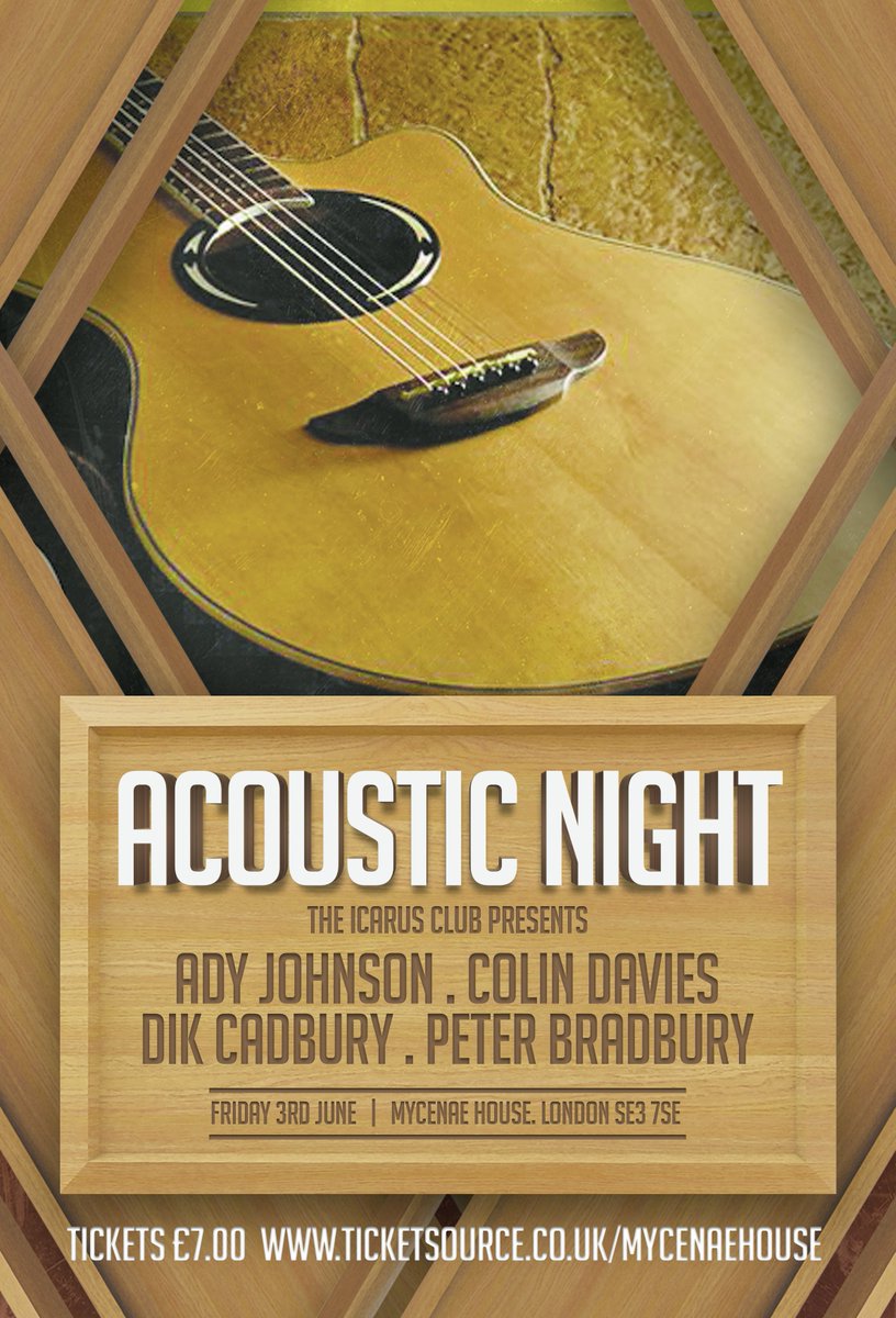 Come to @mycenaehouse TONIGHT to see <a href="/AdyJohnsonUK/">ady johnson</a> <a href="/DikCadbury/">Dik Cadbury</a> Colin Davies, &amp; Peter Bradbury 7:30 #Blackheath #gig