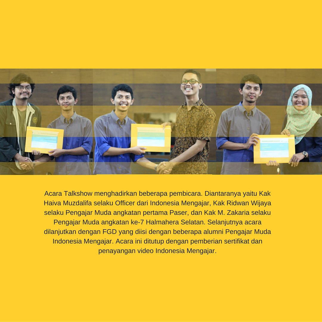 Keenam, yaitu ROADSHOW INDONESIA MENGAJAR yang dilaksanakan pada 21 Mei 2016 yang lalu di kampus ITB