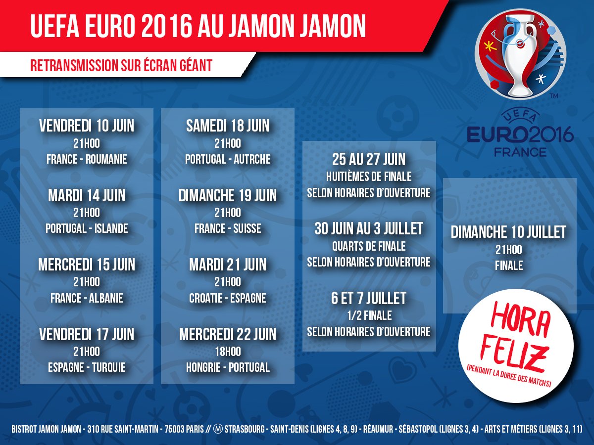 #UEFAEURO2016 J-7 : le Jamon Jamon à #Paris vous fera vivre la compétition sur son grand écran! Voici le #programme!