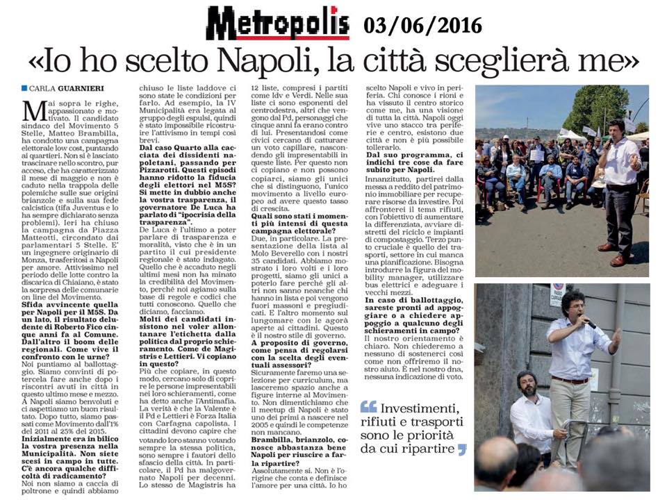 mbrambilla69's tweet photo. Ho scelto Napoli, la città sceglierà me.
L'intervista di oggi a @Metropolis_Na 
#Napoliè5stelle https://t.co/O33Dx1Ews3
