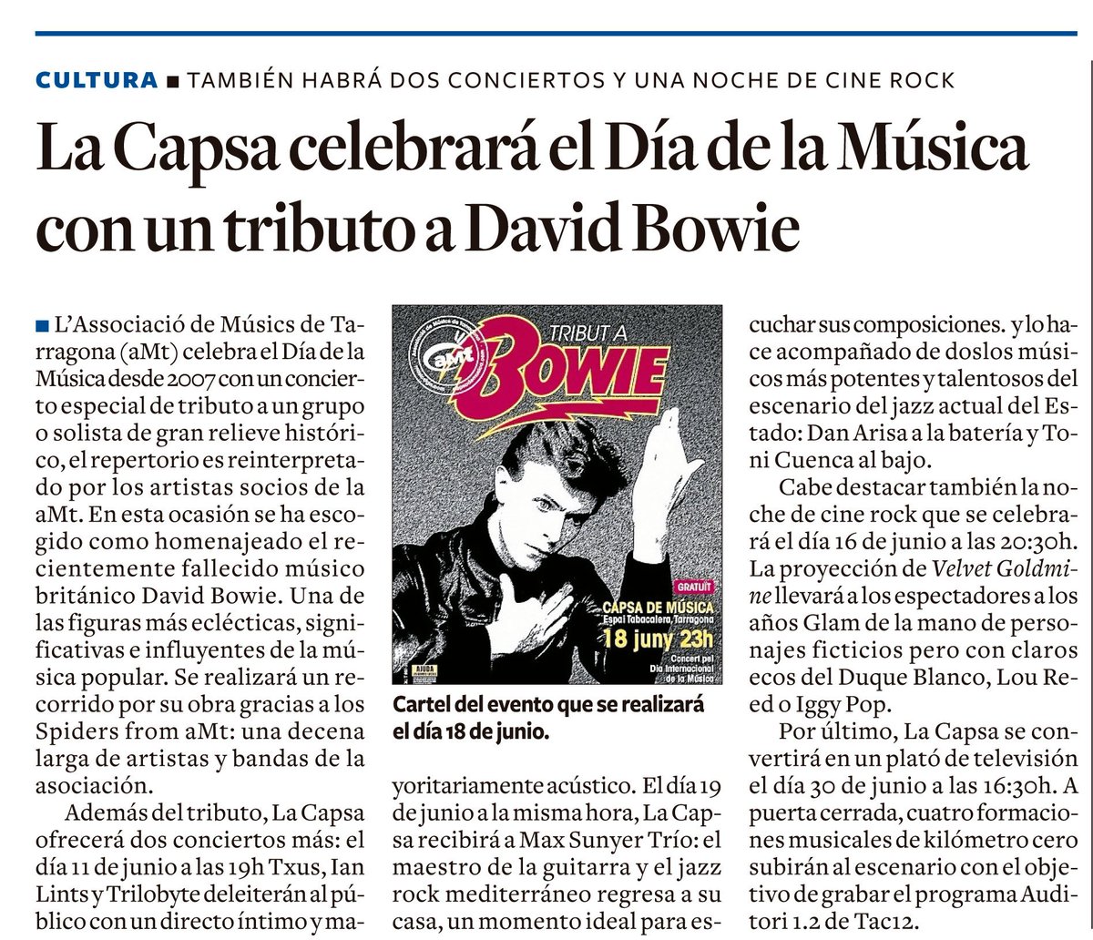 musicstgn's tweet photo. Primeres noticies a la premsa del territori programació juny a la #capsademusica #BOWIEaMt #music #live #gratis #TGN https://t.co/403qwO7pMI