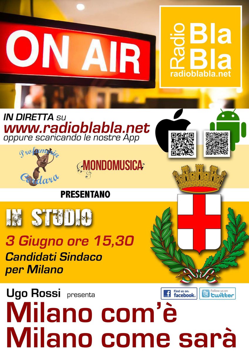 BlablaNetwork's tweet photo. Oggi alle 15.30, in diretta i Candidati alla carica di Sindaco per #Milano #Comunali2016 📝
https://t.co/axUu09yi2s https://t.co/UNCFKoq7mk