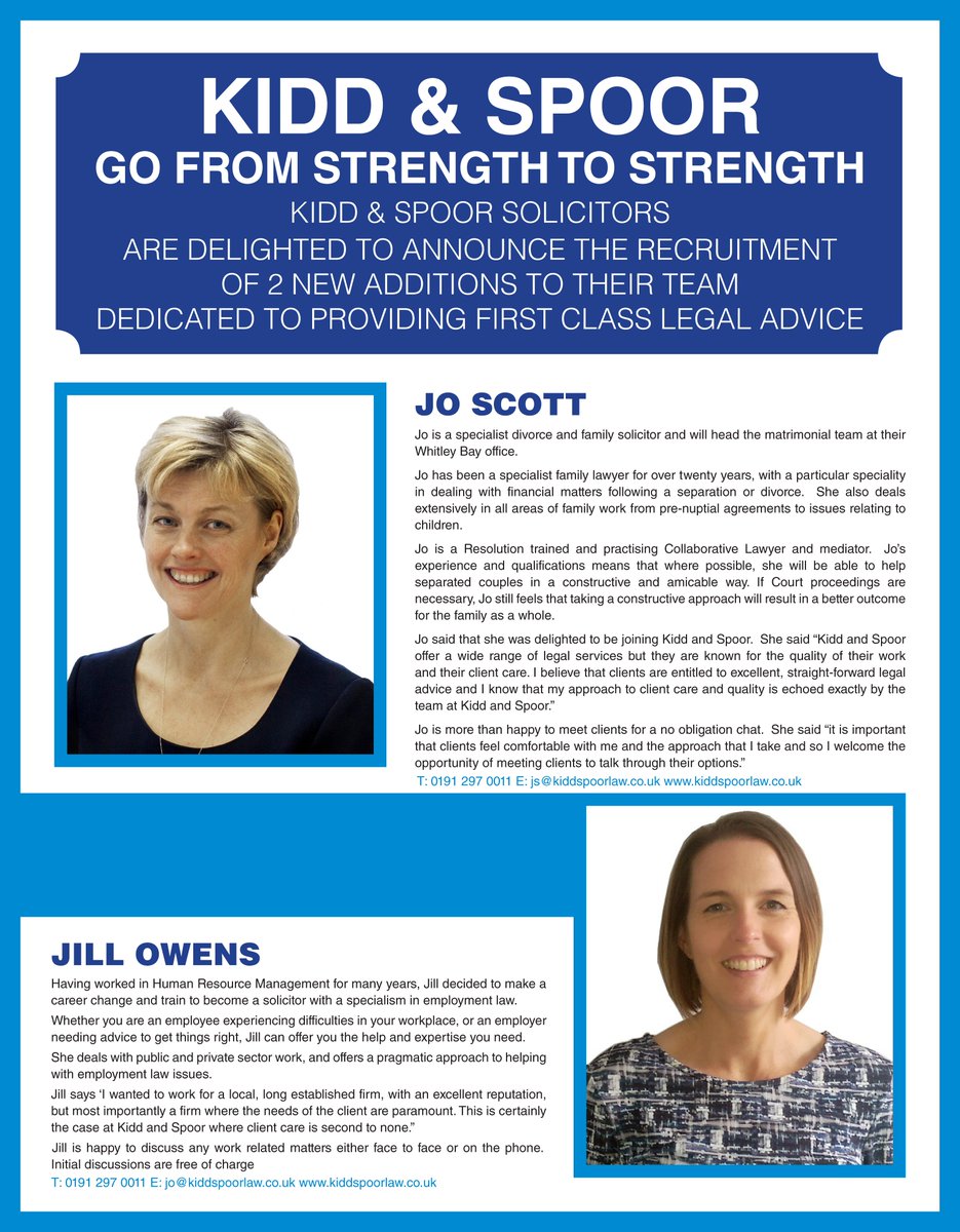 CnNattrass's tweet photo. Hi everyone, did you see our article in the Whitley Bay Guardian about @JoScottLawyer joining Kidd &amp; Spoor https://t.co/XmVp19PPA0