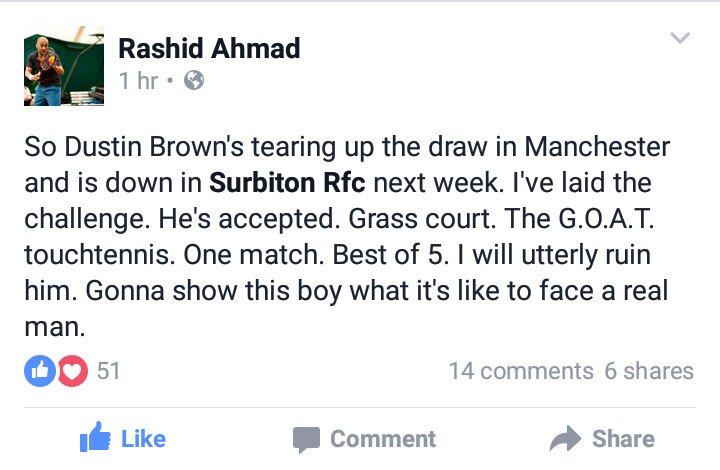 The GOAT <a href="/rashidahmad69/">Rashid Ahmad</a>  v <a href="/DreddyTennis/">D. Brown</a>  <a href="/touchtennis/">touchtennis</a>  this is going to be EPIC!