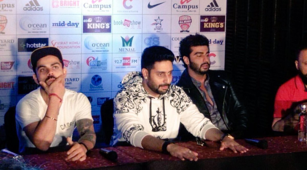 ArjunKapoorCafe's tweet photo. @arjunk26 @juniorbachchan  @imVkohli at the #PressConf ❤️ #celebrityclasico2016 #ASFCvsAHFC #charityfootball #Jun4th https://t.co/Z92TfMb6Yw