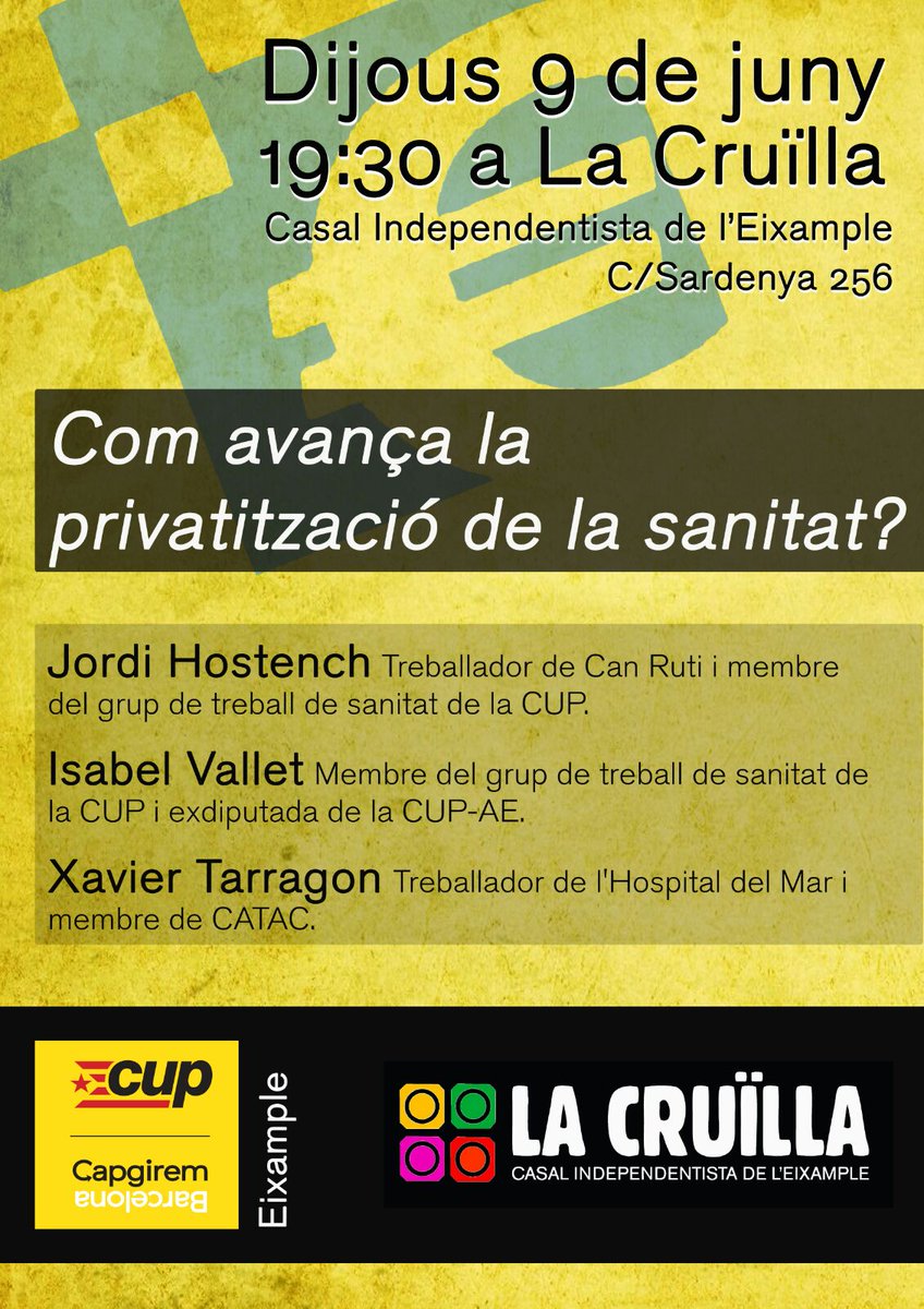 Djs #9J 19:30 a <a href="/lacruilla/">La Cruïlla</a> acte en favor de la Sanitat Pública.
Feu-ne difusió 📣📷📺📻📝
Us hi esperem a totes. ✊