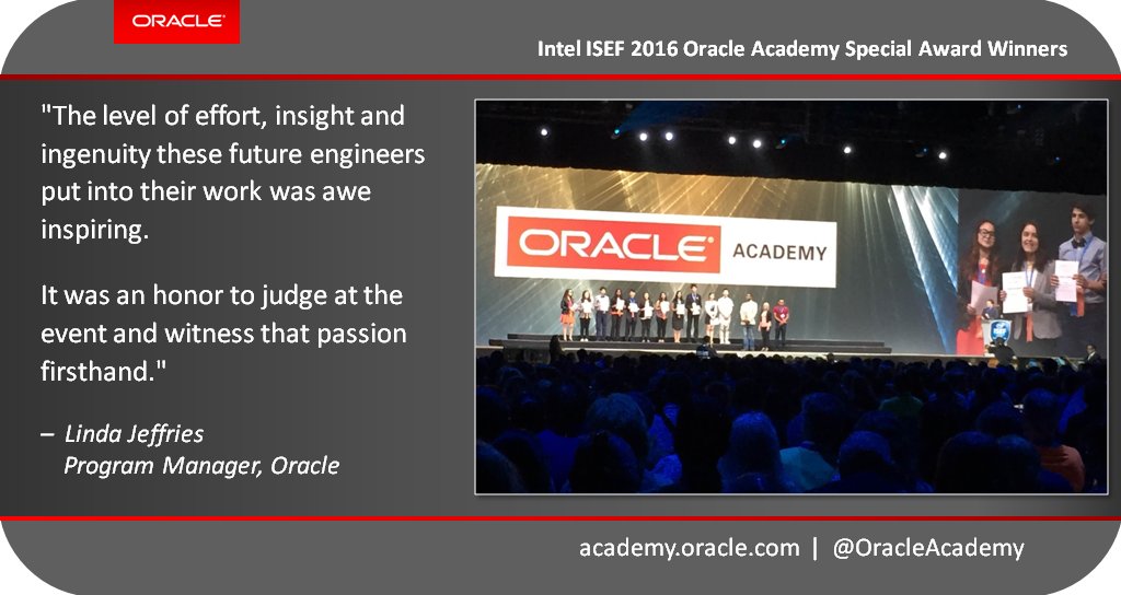 OracleAcademy's tweet photo. Linda Jeffries, program manager and @Oracle volunteer, shares how it felt to be a part of #IntelISEF2016 #CSforAll https://t.co/UyXwDTzUJX