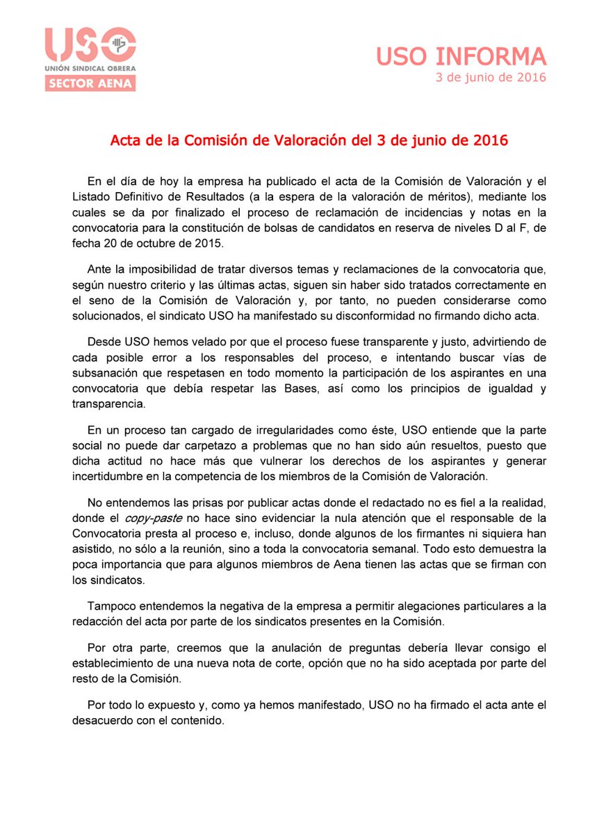 #USOINFORMA: 
Sobre el acta de la comisión de valoración de fecha 3 de junio 2016. <a href="/USOAENAESTATAL/">SECTOR GRUPO AENA</a> <a href="/usoenaire/">USO ENAIRe</a>