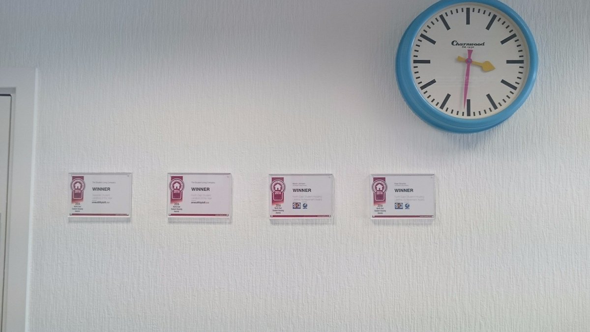 studentlivingco's tweet photo. @NESHAwards We've mounted our trophies on the office wall. We'll be back next year to win more! #winning #NESHA2016 https://t.co/DbzdDlXdIh