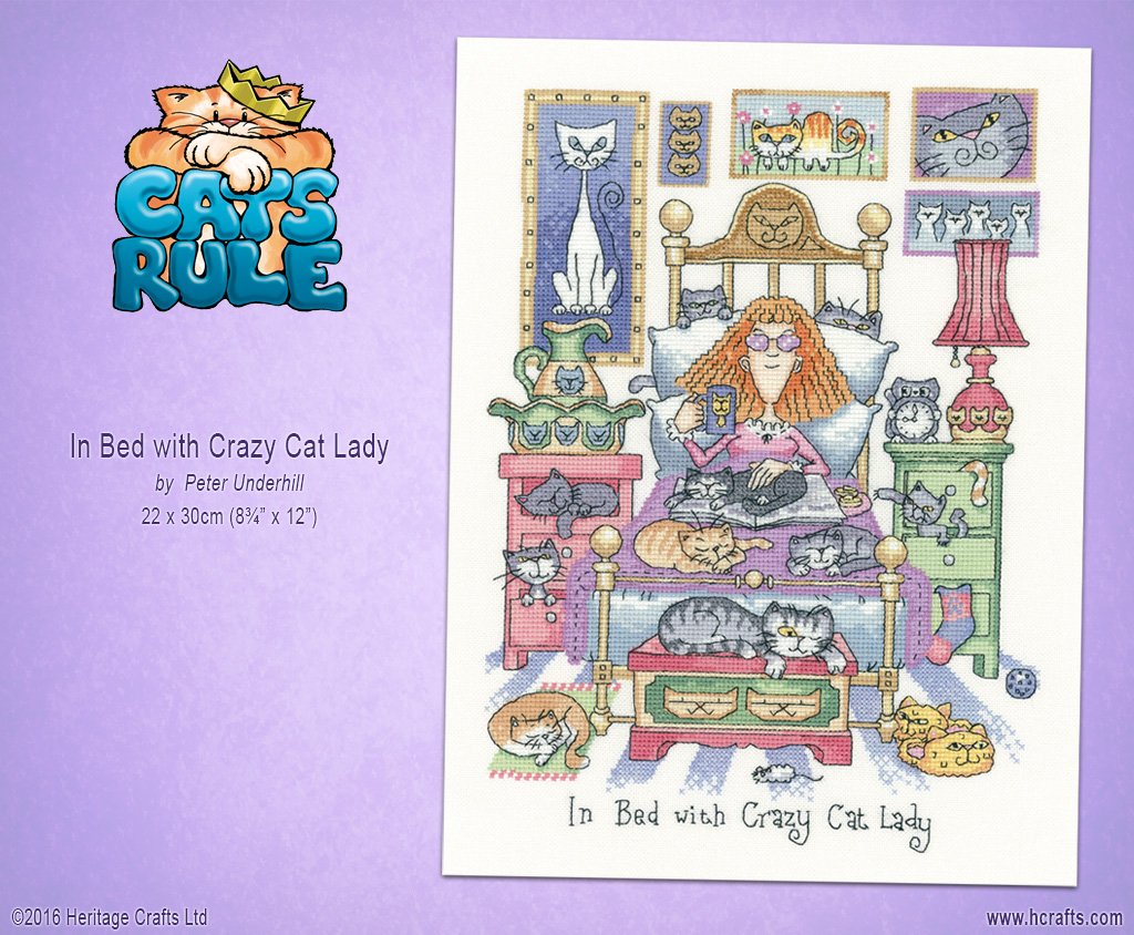 In Bed with Crazy Cat Lady - a new cross stitch design from Peter Underhill...