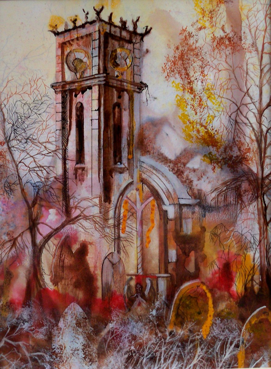 My Watercolour Village Church Yard showing @ Palace Arts Gallery Redcar Cleveland