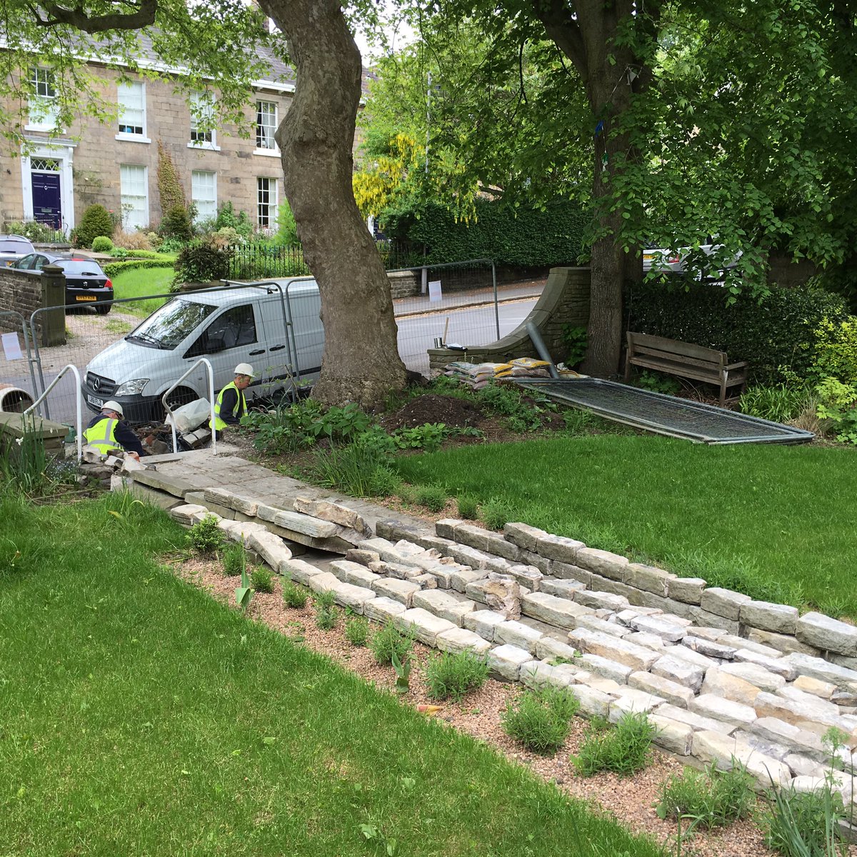 BroomhilLibrary's tweet photo. Re-building the front garden wall. Should all be done in time for the Broomhill Festival events https://t.co/cGGxDpEuWp