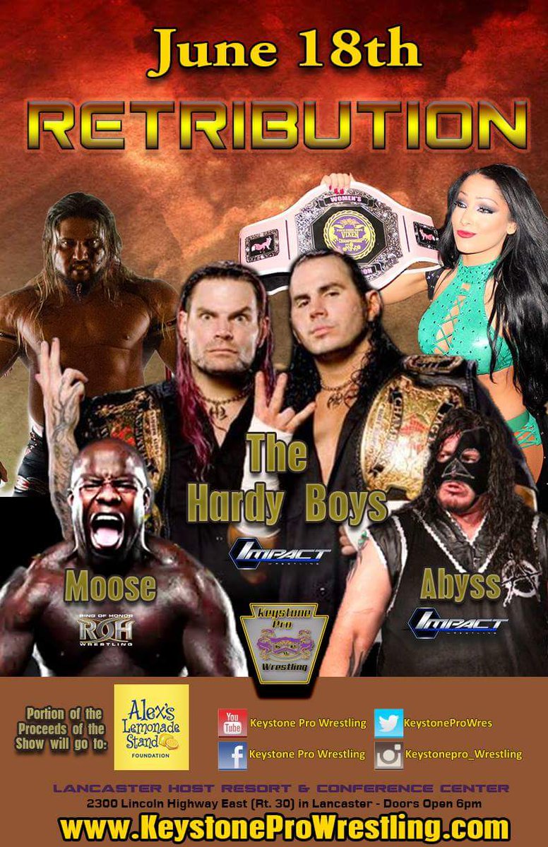 KeystoneProWres's tweet photo. June 18th KPW returns for #Retribution featuring @MATTHARDYBRAND @JEFFHARDYBRAND @TherealAbyss @MooseNation69 https://t.co/IuU2wRbuR4