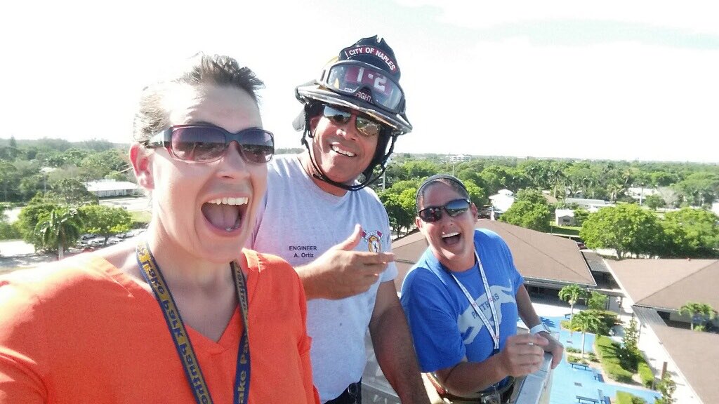Mrs. Mamone &amp; Ms. Marshall took a ride in the fire ladder bucket high above LPE!@LPEPanthers