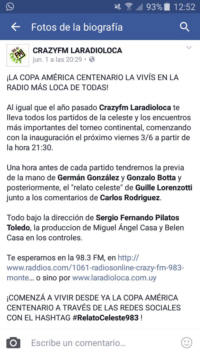 GeeerGonzalez's tweet photo. Hoy comienza la Copa América Centenario y la vivís en la 98.3! A las 21:30 empieza la transmisión! #RelatoCeleste983 https://t.co/p4tY4ldB37