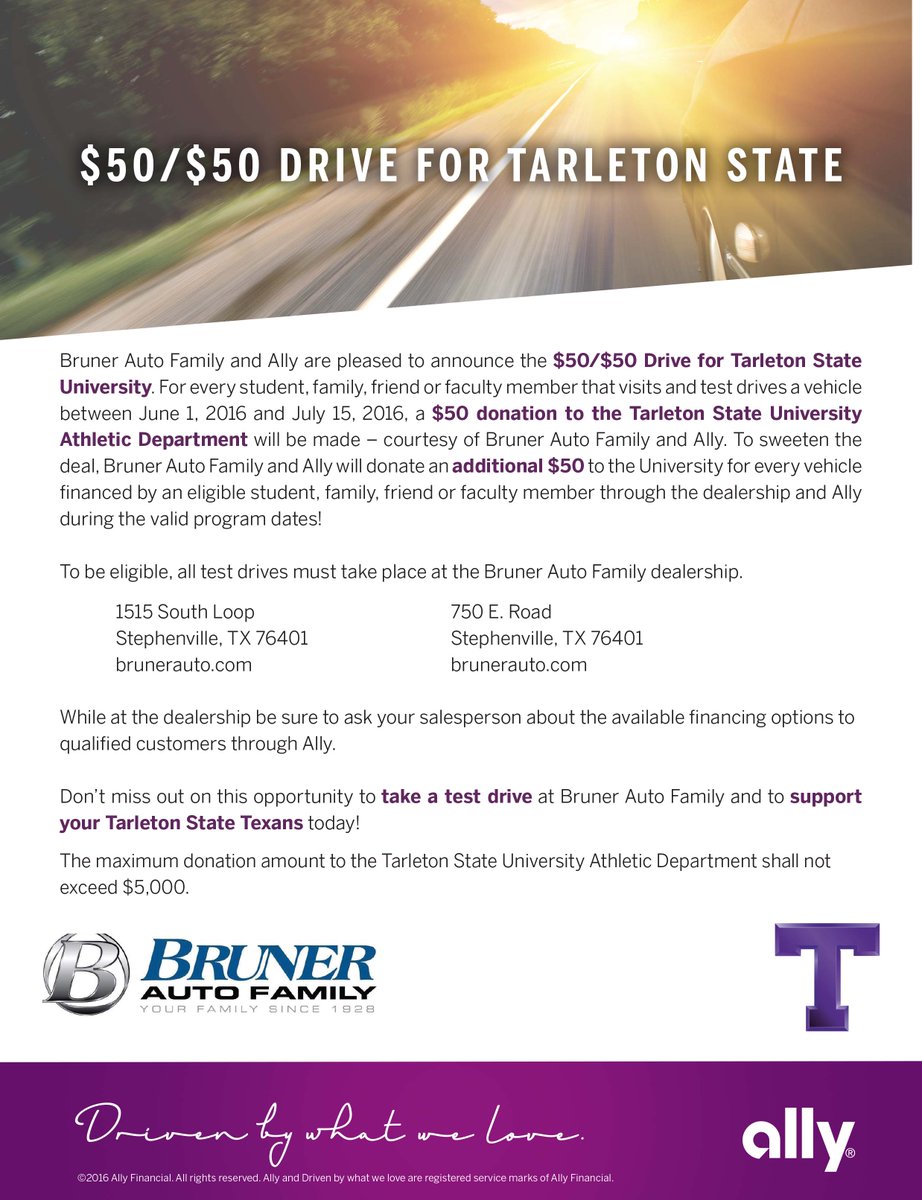brunermotorsinc's tweet photo. Drive for @TarletonSports is on! Test drive here or @brunerdodge now-7/15 & we'll donate $50! #DriveForTarletonState https://t.co/MJpYbLgNZb