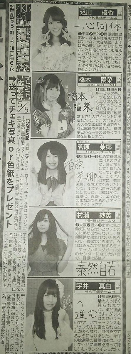 Kinsho 疫病退散祈願 負けるなニッポン 日刊スポーツ短期連載 16akb48総選挙候補者紹介 5 4 5 5 4 島田晴香 大西桃香 斉藤真木子 川上千尋 山田麻莉奈 5 5 込山榛香 橋本陽菜 菅原茉揶 村瀬紗英 宇井真白 Akb選抜総選挙